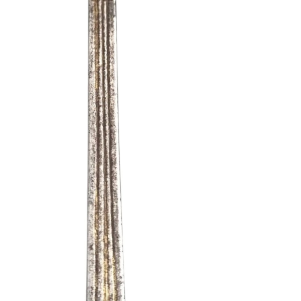 A 19th-century Pesh-Kabz knife featuring a recurved single-edged steel blade with surface etching, a brass bolster, and a tapered carved horn handle. View V