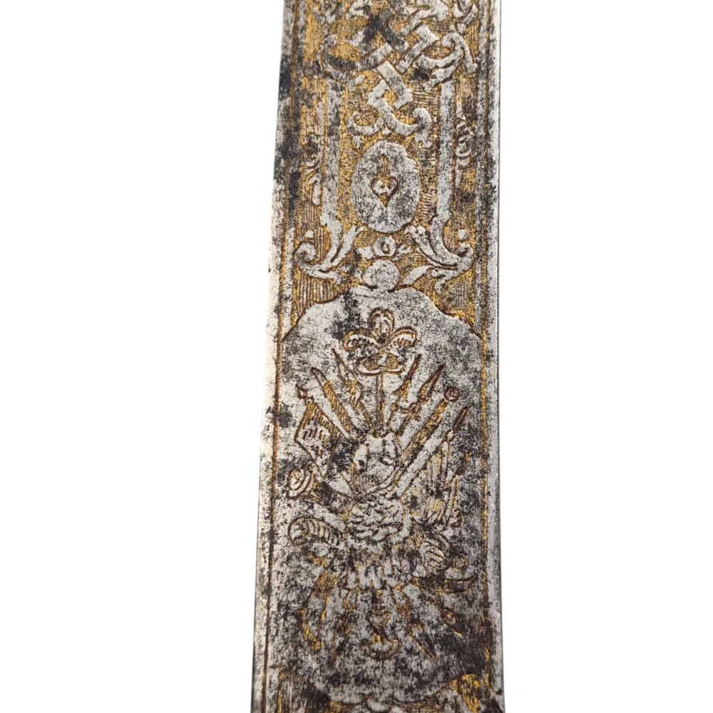 A 19th-century Pesh-Kabz knife featuring a recurved single-edged steel blade with surface etching, a brass bolster, and a tapered carved horn handle. View VIII