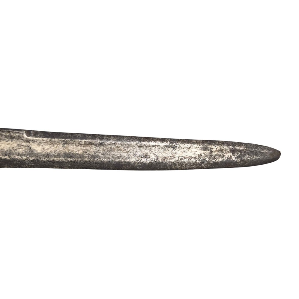 A 19th-century Pesh-Kabz knife featuring a recurved single-edged steel blade with surface etching, a brass bolster, and a tapered carved horn handle. View XIII
