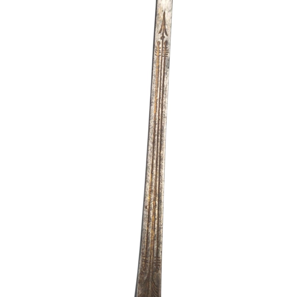 A 19th-century Pesh-Kabz knife featuring a recurved single-edged steel blade with surface etching, a brass bolster, and a tapered carved horn handle. View XIV