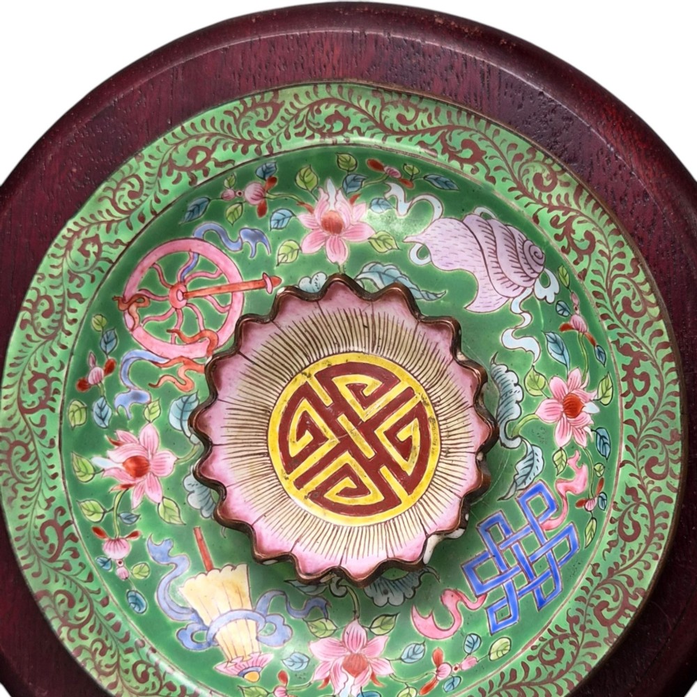An eighteenth-century Chinese Canton enamel wine cup with green dragon-shaped handles resting on a matching round saucer, decorated with floral motifs and symbols. View XII