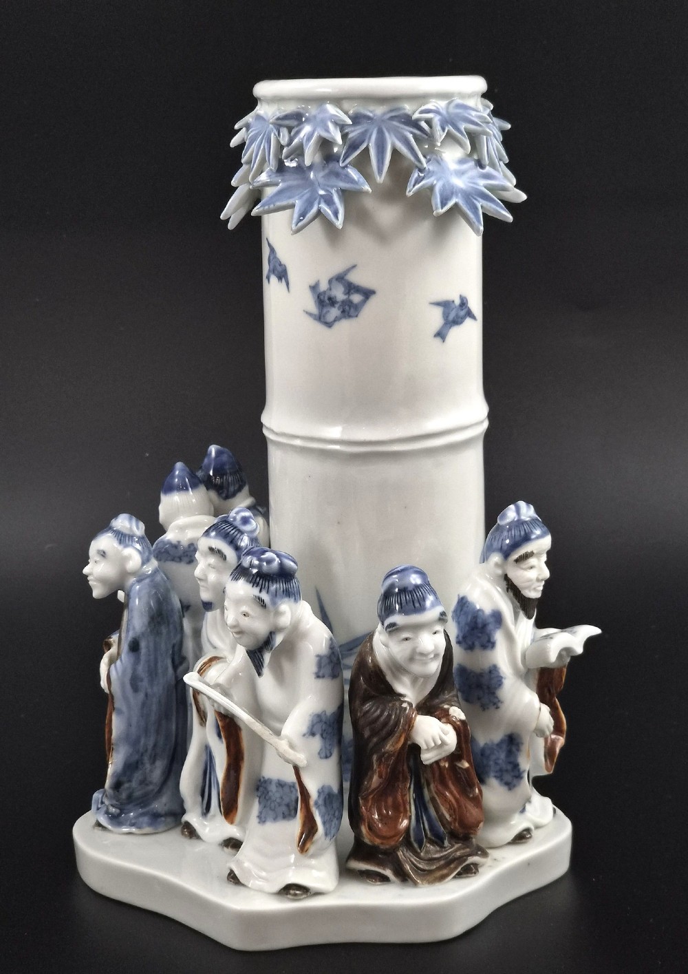 Rare Japanese Hirado Seven Sages Figural Bamboo Vase, Mikawachi, Edo Period c.1800 View II