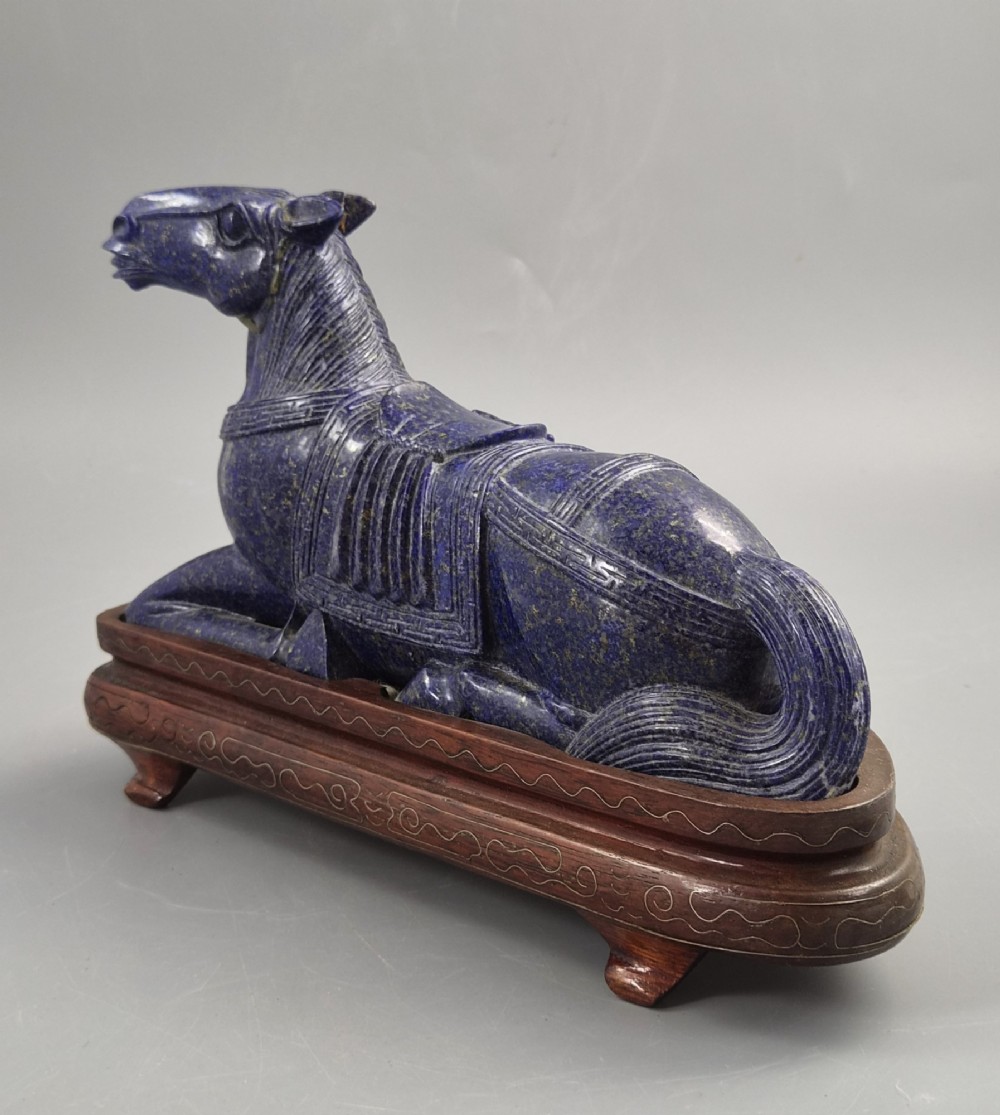 Large Pair Chinese Lapis Lazuli Recumbent Horses on Silver Inlaid Stands, Late Qing View II