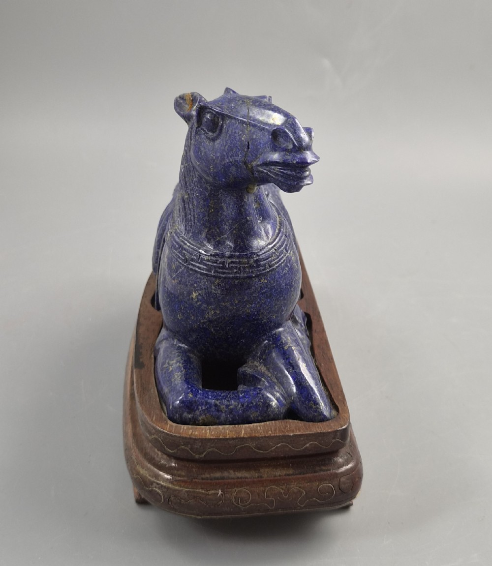 Large Pair Chinese Lapis Lazuli Recumbent Horses on Silver Inlaid Stands, Late Qing View IV