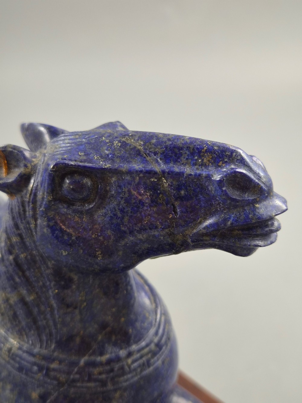 Large Pair Chinese Lapis Lazuli Recumbent Horses on Silver Inlaid Stands, Late Qing View VII