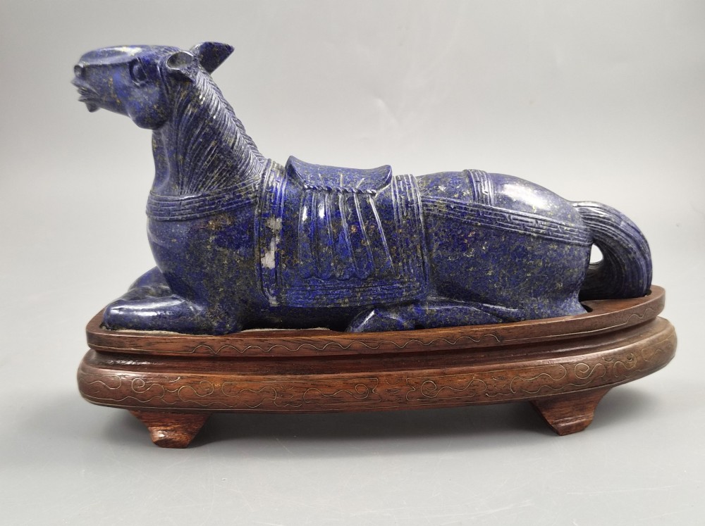Large Pair Chinese Lapis Lazuli Recumbent Horses on Silver Inlaid Stands, Late Qing View IX