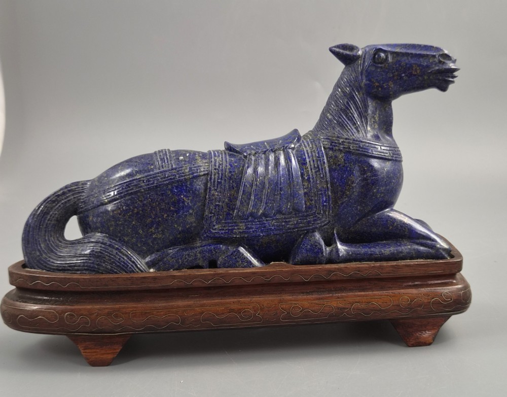 Large Pair Chinese Lapis Lazuli Recumbent Horses on Silver Inlaid Stands, Late Qing View X