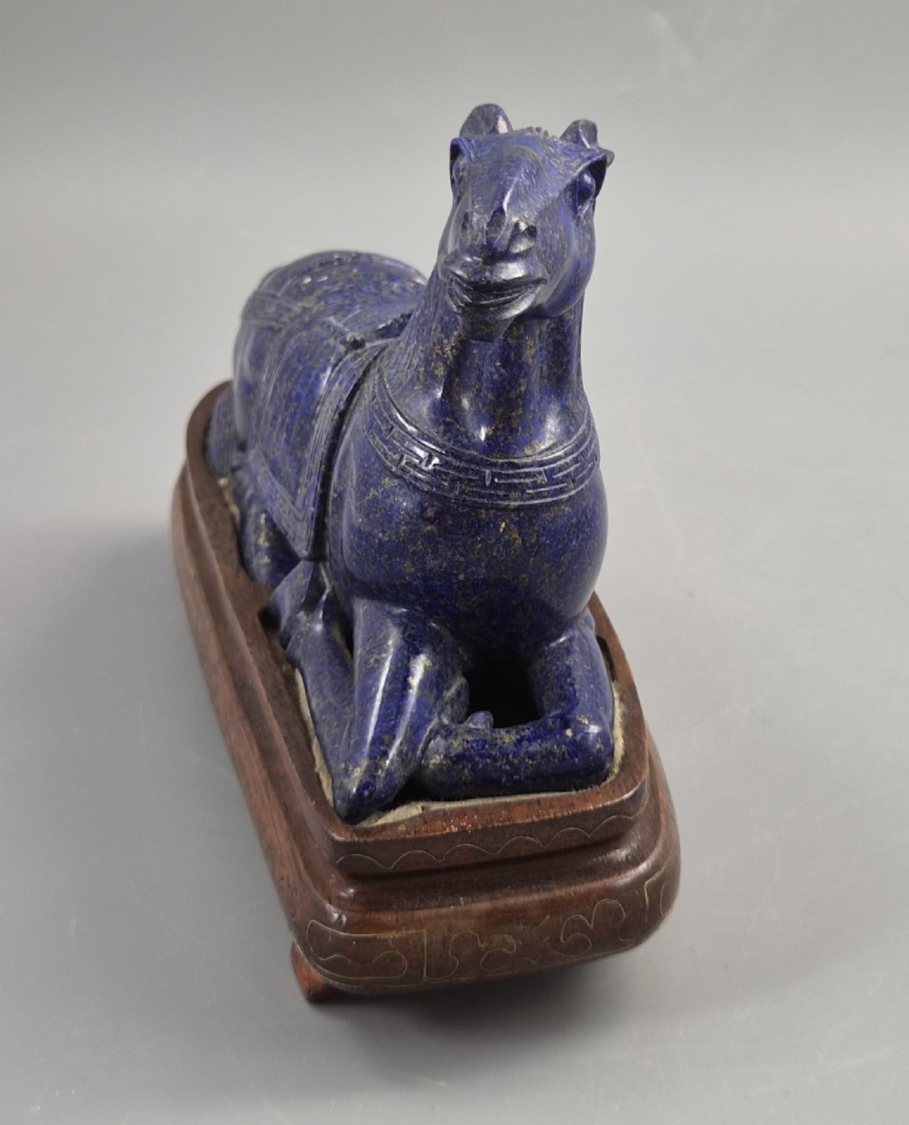 Large Pair Chinese Lapis Lazuli Recumbent Horses on Silver Inlaid Stands, Late Qing View XI