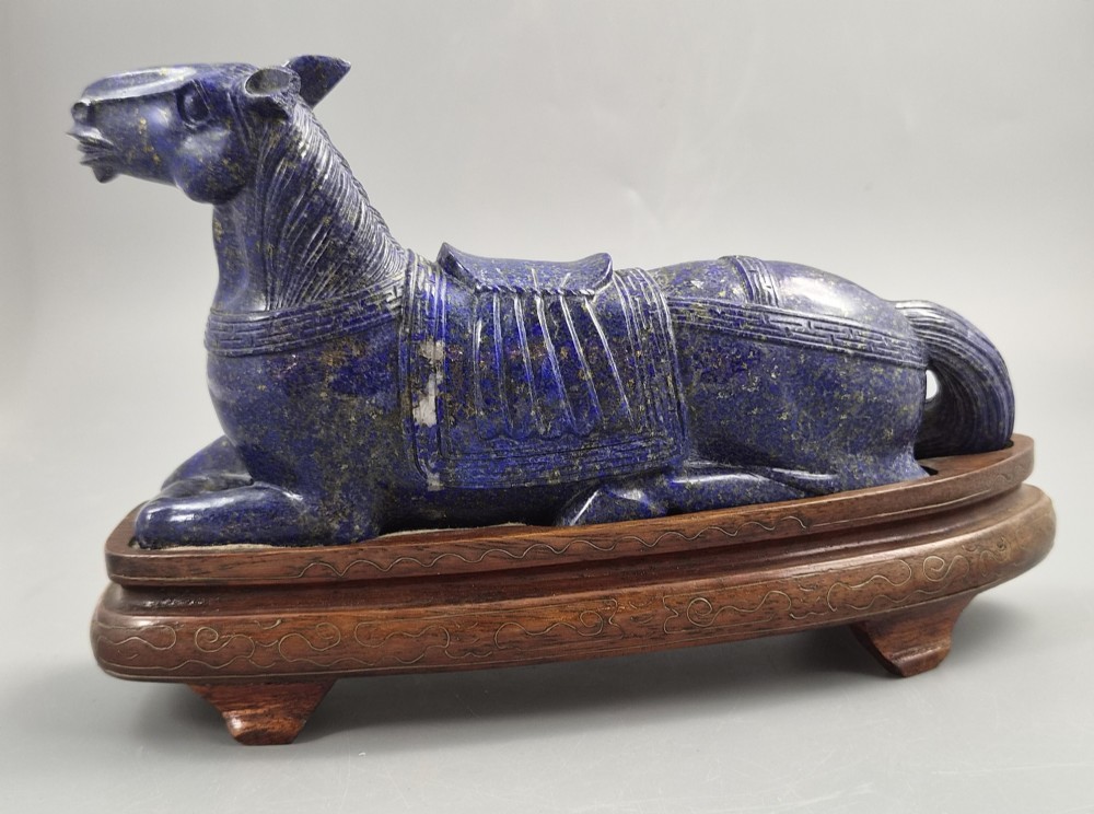 Large Pair Chinese Lapis Lazuli Recumbent Horses on Silver Inlaid Stands, Late Qing View XII