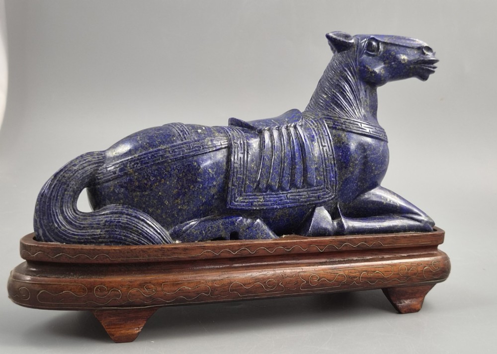 Large Pair Chinese Lapis Lazuli Recumbent Horses on Silver Inlaid Stands, Late Qing View XIII