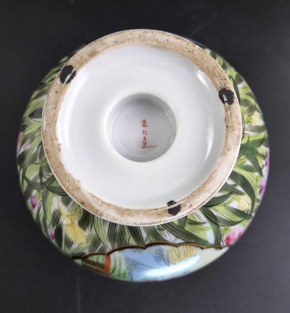 A pair of Japanese Yokohama porcelain vases decorated with hand-painted figures, floral irises, twin gilt handles, and gilded neck details. View VI