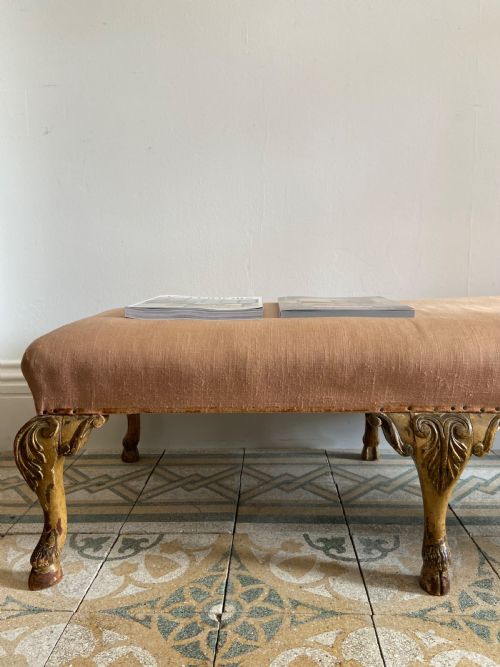 A GEORGE 1 STYLE 120CM ANTIQUE STOOL WITH 6 CABRIOLE LEGS AND HOOF FEET C1900 - ADDITIONAL PHOTO 1