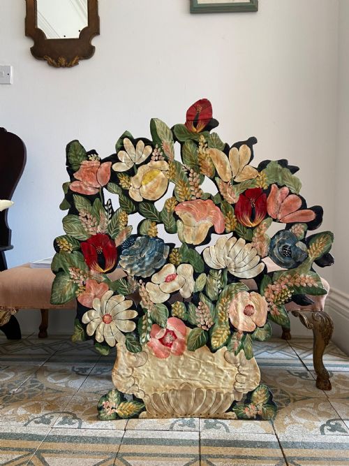 A 19THC TOLEWARE METAL LARGE HAND PAINTED FLORAL FIRE SCREEN 91CM SIGNED - ADDITIONAL PHOTO 10