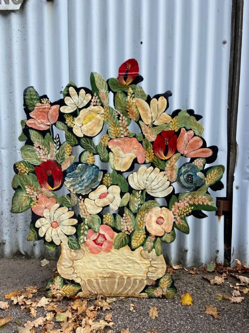 A 19THC TOLEWARE METAL LARGE HAND PAINTED FLORAL FIRE SCREEN 91CM SIGNED - ADDITIONAL PHOTO 2