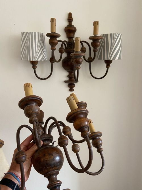a pair of early 20th century circa 19001920 large 5 branch continental turned walnut wall sconces 50cm - CATEGORY: ANTIQUE LIGHTING - DATED 1920