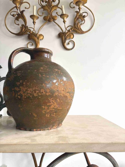 an 18thc french antique walnut oil jar provence weathered glaze 38cm diameter - CATEGORY: ANTIQUE CERAMICS - DATED 18TH CENTURY