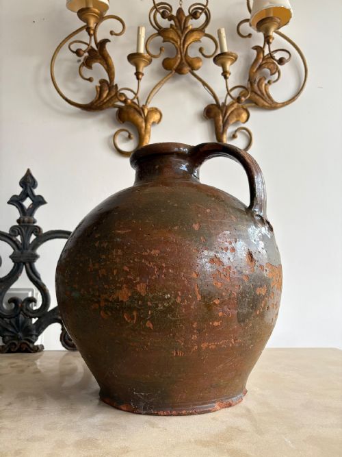 AN 18THC FRENCH ANTIQUE WALNUT OIL JAR PROVENCE WEATHERED GLAZE 38CM DIAMETER - ADDITIONAL PHOTO 2