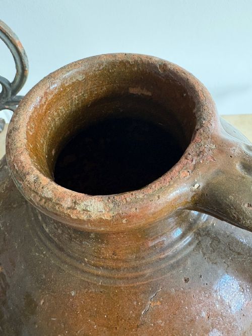 AN 18THC FRENCH ANTIQUE WALNUT OIL JAR PROVENCE WEATHERED GLAZE 38CM DIAMETER - ADDITIONAL PHOTO 6