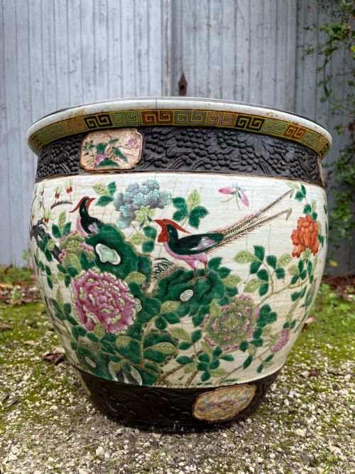 19THC CHINESE ANTIQUE FAMILLE VERTE PORCELAIN FISH BOWL PLANTER 47CM DIAMETER - ADDITIONAL PHOTO 9