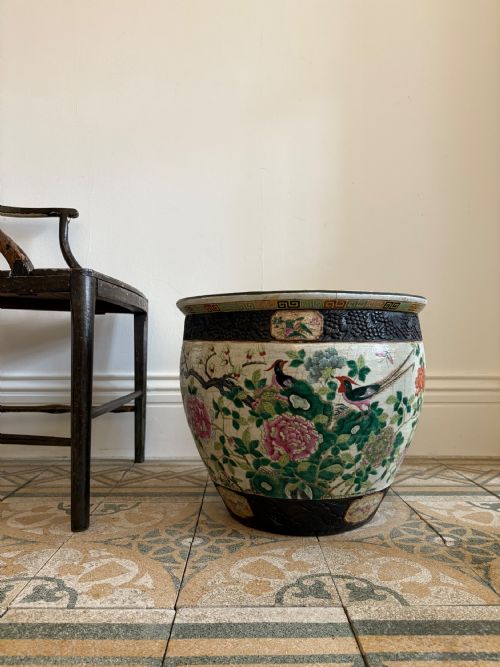 19THC CHINESE ANTIQUE FAMILLE VERTE PORCELAIN FISH BOWL PLANTER 47CM DIAMETER - ADDITIONAL PHOTO 2