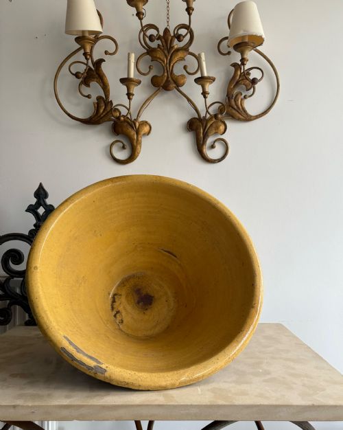 A LARGE 19THC FRENCH TERRACOTTA TIAN BOWL PROVENCE YELLOW GLAZE 54CM DIAMETER - ADDITIONAL PHOTO 1