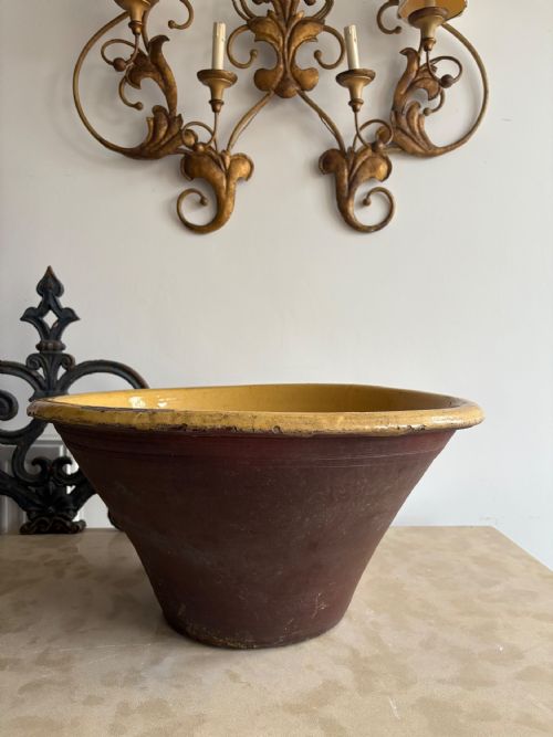 a large 19thc french terracotta tian bowl provence yellow glaze 54cm diameter - CATEGORY: ANTIQUE CERAMICS - DATED 19TH CENTURY