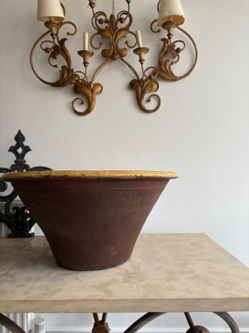 A LARGE 19THC FRENCH TERRACOTTA TIAN BOWL PROVENCE YELLOW GLAZE 54CM DIAMETER - ADDITIONAL PHOTO 2