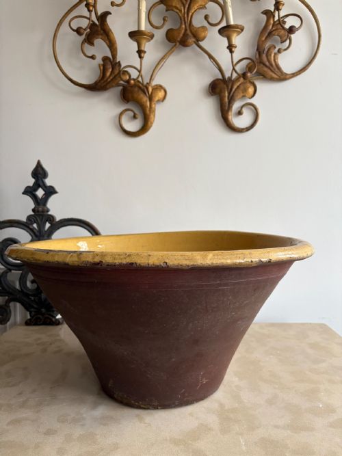 A LARGE 19THC FRENCH TERRACOTTA TIAN BOWL PROVENCE YELLOW GLAZE 54CM DIAMETER - ADDITIONAL PHOTO 3