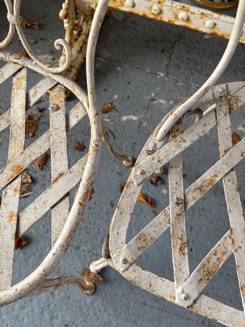 A GROUP OF 4 FRENCH ANTIQUE WROUGHT IRON LATTICE GARDEN CHAIRS C1920S - ADDITIONAL PHOTO 4