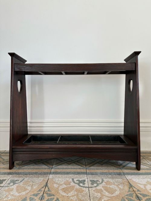 ARTS AND CRAFTS OAK STICK STAND WITH ORIGINAL TRAY RETAILED BY LIBERTY C1910 - ADDITIONAL PHOTO 4