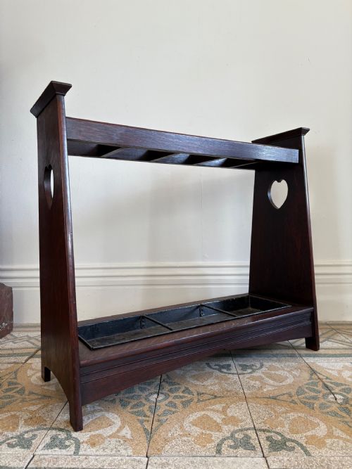 ARTS AND CRAFTS OAK STICK STAND WITH ORIGINAL TRAY RETAILED BY LIBERTY C1910 - ADDITIONAL PHOTO 1