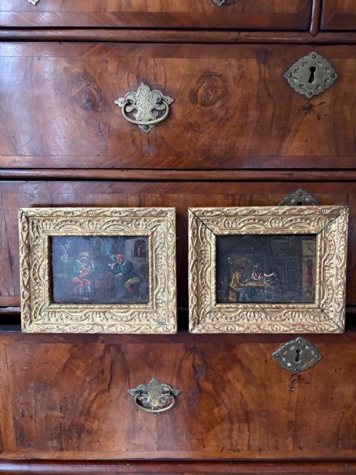 a pair of late 17thc dutch school oil on oak signed tavern scene cartoons 20cm - CATEGORY: ANTIQUE ART - DATED 1700