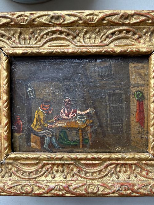 A PAIR OF LATE 17THC DUTCH SCHOOL OIL ON OAK SIGNED TAVERN SCENE CARTOONS 20CM - ADDITIONAL PHOTO 3