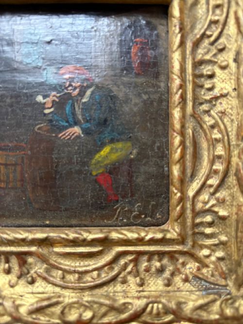 A PAIR OF LATE 17THC DUTCH SCHOOL OIL ON OAK SIGNED TAVERN SCENE CARTOONS 20CM - ADDITIONAL PHOTO 7