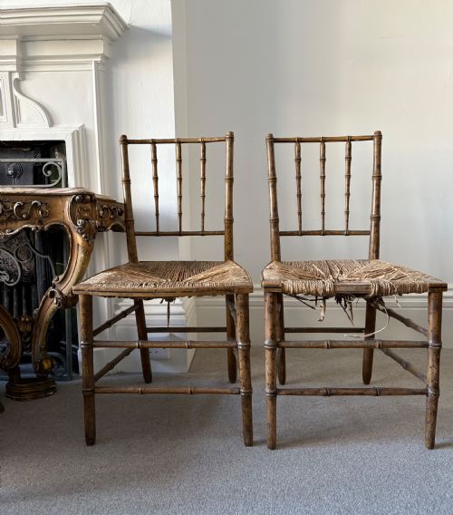 pair of regency faux bamboo chairs distressed rush seating ready to upholster - CATEGORY: ANTIQUE CHAIRS - DATED REGENCY