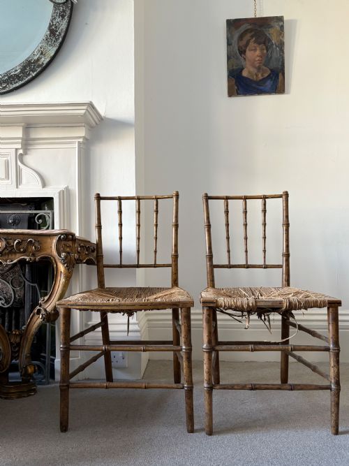 PAIR OF REGENCY FAUX BAMBOO CHAIRS DISTRESSED RUSH SEATING READY TO UPHOLSTER - ADDITIONAL PHOTO 1
