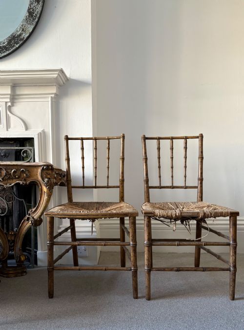PAIR OF REGENCY FAUX BAMBOO CHAIRS DISTRESSED RUSH SEATING READY TO UPHOLSTER - ADDITIONAL PHOTO 4