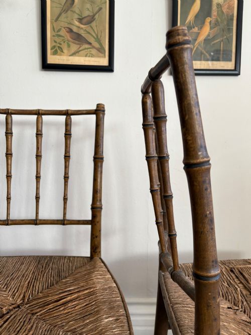 PAIR OF REGENCY FAUX BAMBOO CHAIRS DISTRESSED RUSH SEATING READY TO UPHOLSTER - ADDITIONAL PHOTO 5