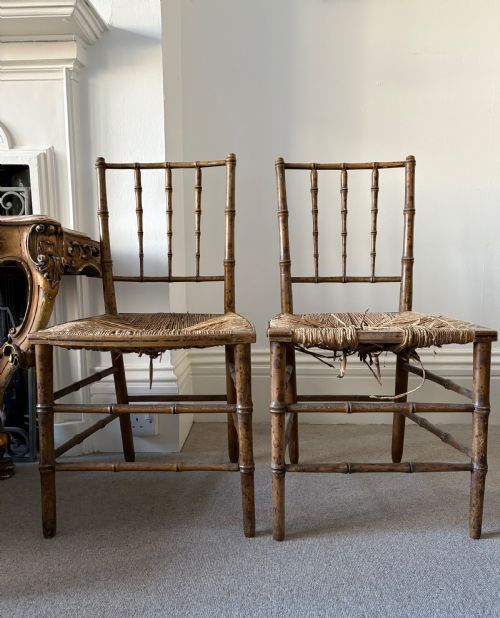 PAIR OF REGENCY FAUX BAMBOO CHAIRS DISTRESSED RUSH SEATING READY TO UPHOLSTER - ADDITIONAL PHOTO 8
