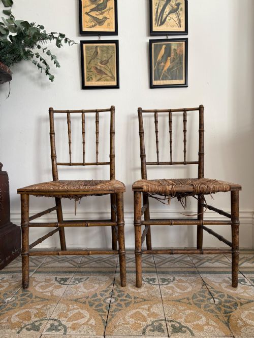 PAIR OF REGENCY FAUX BAMBOO CHAIRS DISTRESSED RUSH SEATING READY TO UPHOLSTER - ADDITIONAL PHOTO 7
