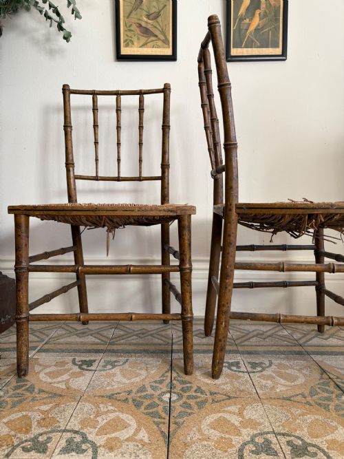 PAIR OF REGENCY FAUX BAMBOO CHAIRS DISTRESSED RUSH SEATING READY TO UPHOLSTER - ADDITIONAL PHOTO 2