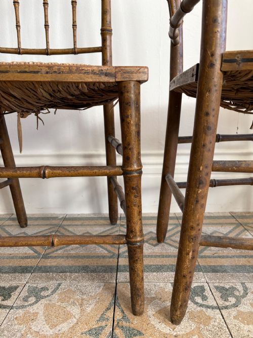 PAIR OF REGENCY FAUX BAMBOO CHAIRS DISTRESSED RUSH SEATING READY TO UPHOLSTER - ADDITIONAL PHOTO 3