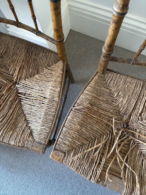 PAIR OF REGENCY FAUX BAMBOO CHAIRS DISTRESSED RUSH SEATING READY TO UPHOLSTER - ADDITIONAL PHOTO 6
