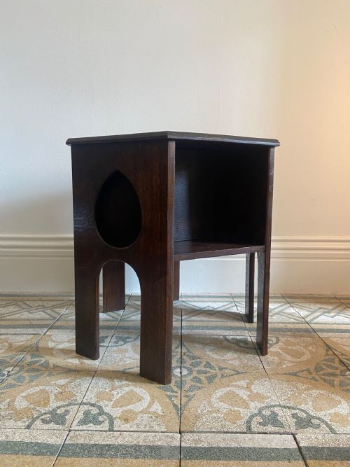 arts and crafts early 20thc oak octagonal side table by liberty london 55cm tall - CATEGORY: ANTIQUE BOOKCASES - DATED 1910