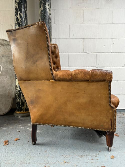 an edwardian button and studded leather antique wing back arm chair c1910 - CATEGORY: ANTIQUE CHAIRS - DATED 1910