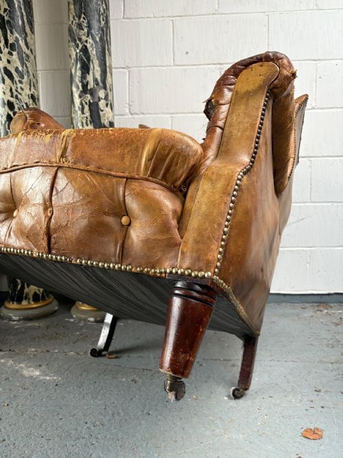 AN EDWARDIAN BUTTON AND STUDDED LEATHER ANTIQUE WING BACK ARM CHAIR C1910 - ADDITIONAL PHOTO 13