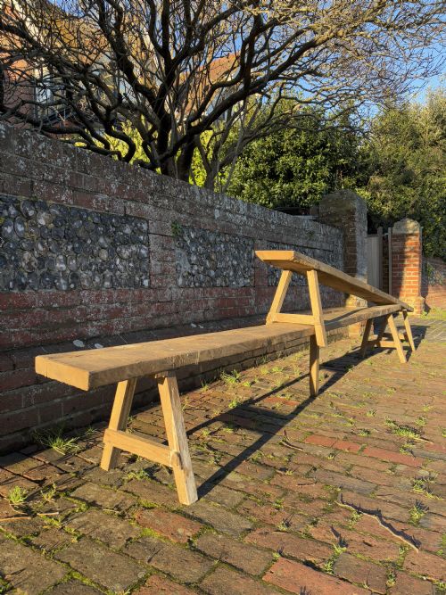 A PAIR OF FRENCH EARLY 20TH CENTURY PROVINCIAL OAK TRESTLE BENCHES 346CM - ADDITIONAL PHOTO 13