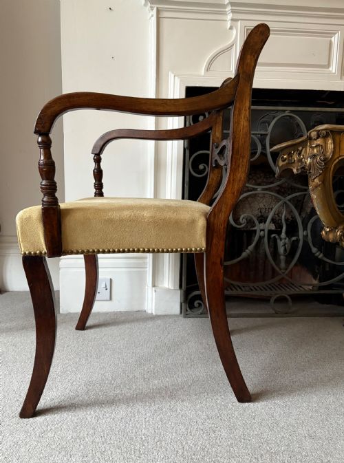 a regency mahogany open armchair with studded suede seat and sabre legs c1820 - CATEGORY: ANTIQUE CHAIRS - DATED REGENCY