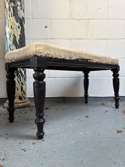 ANTIQUE WINDOW STOOL SEAT 19TH CENTURY EBONISED LEGS CALICO AND HORSEHAIR 95CM - ADDITIONAL PHOTO 1