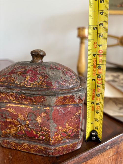 ENGLISH ANTIQUE GEORGE 111 RED CHINOISERIE LEAD TOBACCO CADDY TRINKET BOX WITH LID C1800 12CM - ADDITIONAL PHOTO 12